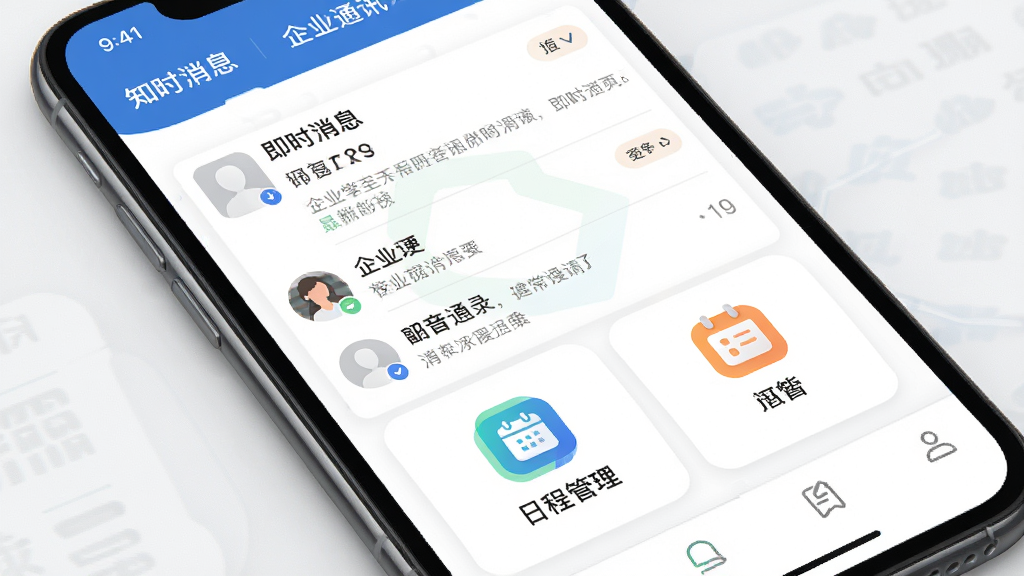 知音楼APP核心功能界面展示,主体为手机界面布局,包含即时消息列表、企业通讯录、日程管理图标,排版清晰,风格简约商务,细节丰富,画质高清干净,无多余元素