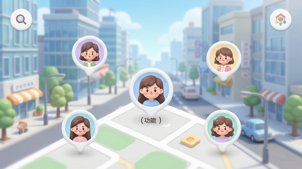 秘恋附近的人功能截图,地图界面显示多个用户头像标记,周围环境为现代都市街区,风格清新明亮,图标设计圆润可爱,整体布局整洁,画质细腻