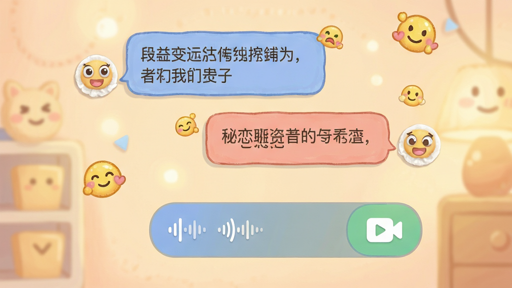 秘恋聊天界面展示,对话框包含文字气泡、语音条和视频按钮,背景柔和,色彩温暖,卡通表情元素点缀,操作图标清晰可见,画质舒适