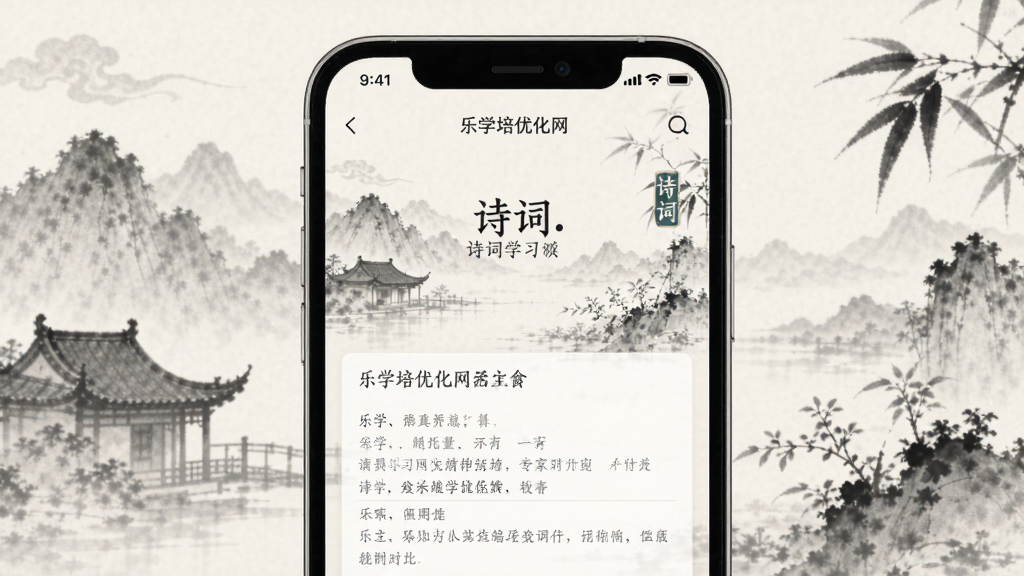 ��ѧ������ app ����չʾ������Ϊ�ֻ���Ļ�ϵ�ʫ��ѧϰҳ�棬�����������Ű��࣬������µ��ţ�ϸ�ڰ����ŵ�ˮī����������ע�ͣ����ʸ���ɾ����޶���Ԫ��