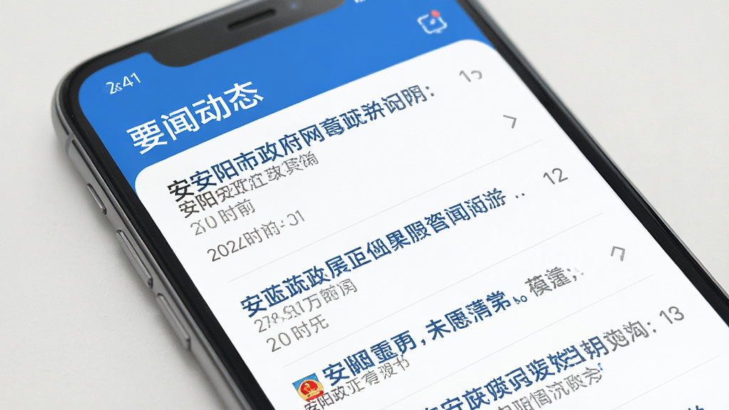 手机界面展示安阳市政府网APP的新闻资讯列表,采用现代简约的UI设计风格,主色调为蓝色与白色相间,布局清晰整齐,顶部显示“要闻动态”栏目,列表中有多条政务新闻标题和发布时间,整体画面干净明亮,高画质,无多余元素