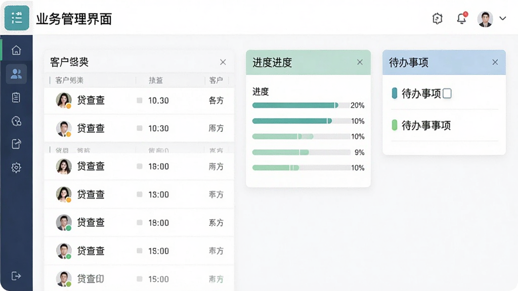 贷查查业务管理界面截图,屏幕上展示客户列表、进度条、待办事项等元素,界面采用卡片式布局,色彩搭配舒适,细节清晰,画质干净,无多余元素