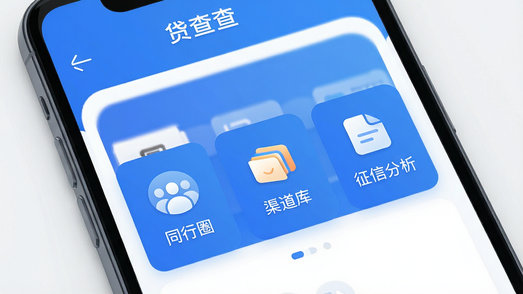 一张手机屏幕展示贷查查软件主界面,界面清晰显示“同行圈”“渠道库”“征信分析”等主要功能模块,整体风格简洁现代,以蓝色为主色调,图标圆润精致,背景干净,高画质,无多余元素