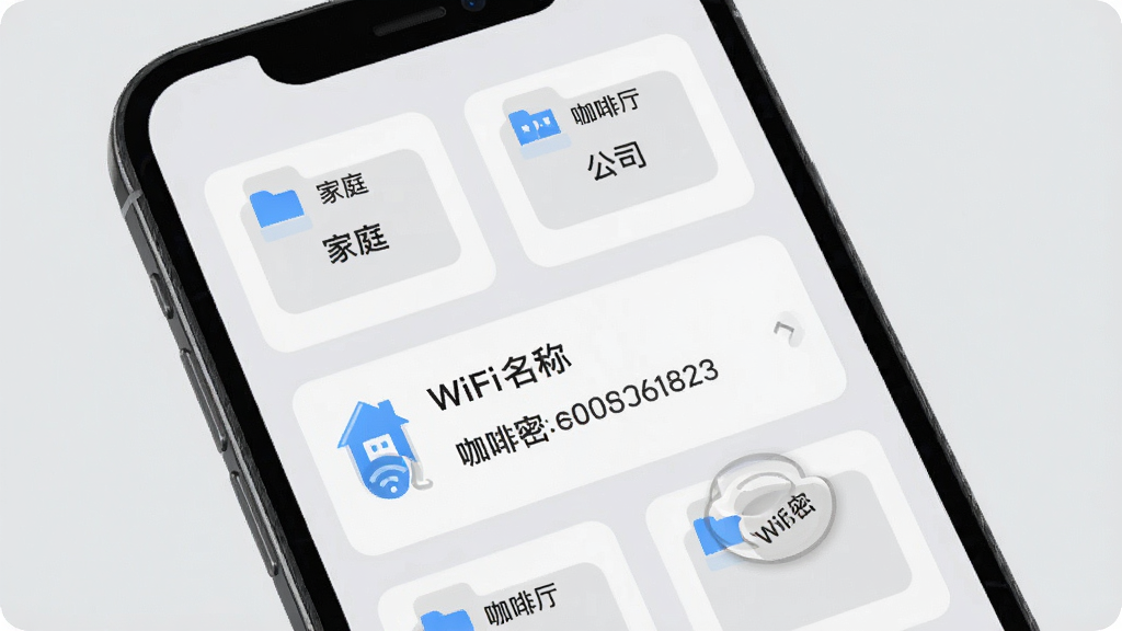 �����ֻ���Ļ��չʾWiFi����Կ�׵��������������棬����Ϊǳ��ɫ����Ļ���Կ�Ƭ��ʽ���������š���ͥ��������˾���������������ȱ�ǩ�ļ��У��������һ���ļ���չ������ʾ�����WiFi���ƺͼ������룬������ɾ��������Ű����򣬻���ϸ�壬�޶���Ԫ��