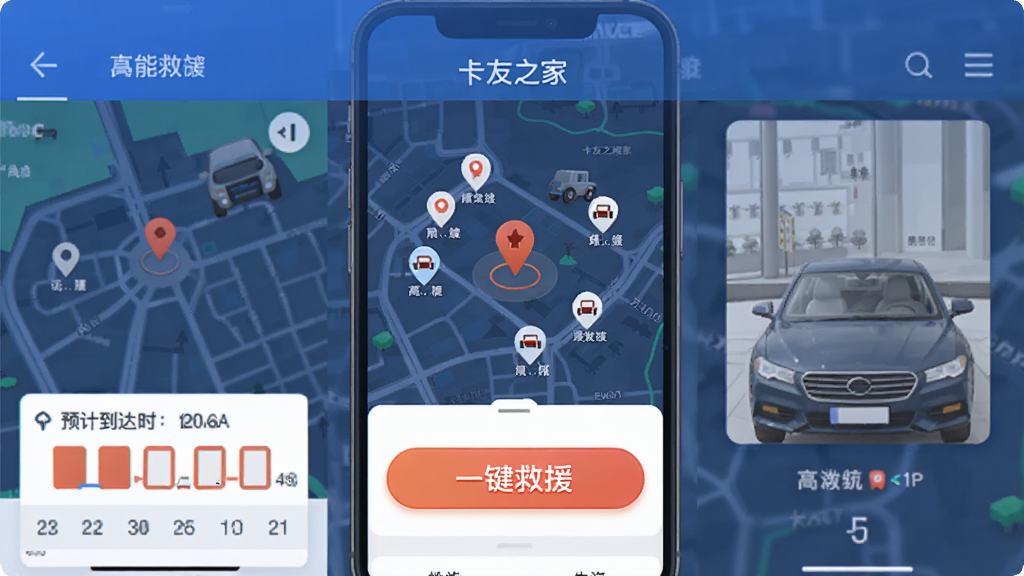 卡友之家APP道路救援功能界面,主体为地图定位和“一键救援”按钮,布局直观,排版合理,风格简洁,细节包括附近门店标记和预计到达时间,画质清晰,无多余元素