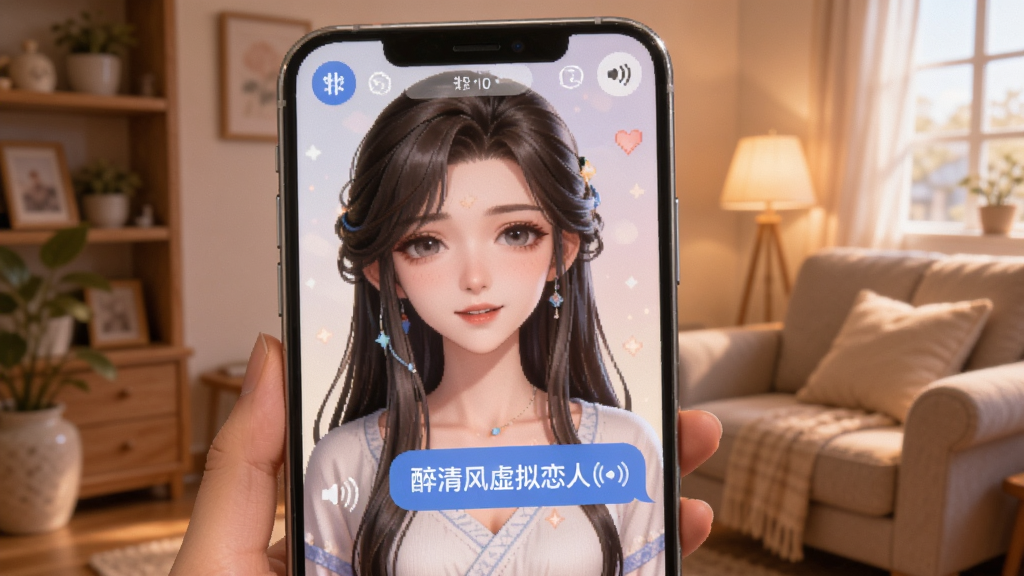醉清风虚拟恋人界面效果图,主体为手机屏幕中的AI角色对话场景,背景为温馨的室内环境,布局柔和,风格唯美,细节展现角色表情与场景音效元素,画质高清新锐,干净无多余元素