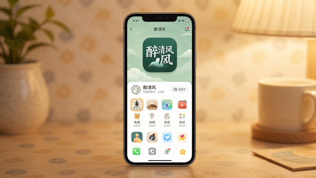 手机屏幕前展示醉清风APP界面,主体为一部智能手机,屏幕上有醉清风图标和主界面布局,背景简洁温馨,采用暖色调,画质高清,干净无多余元素