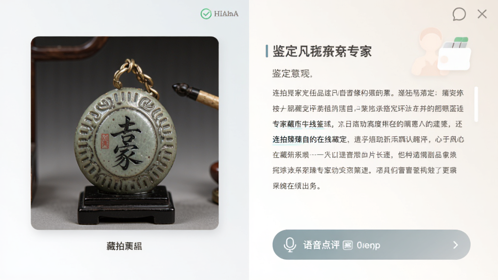 连拍臻专家在线鉴定页面,左侧为藏品图片,右侧为专家撰写的鉴定意见,底部有语音点评入口,整体色调柔和,版面清爽,画质高清,干净无多余元素