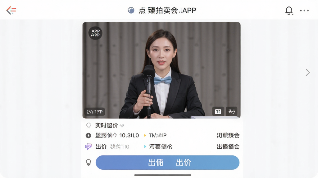 连拍臻APP直播拍卖会界面,中央为拍卖师直播画面,下方为实时出价记录与出价按钮,设计风格直观易用,画面清晰流畅,画质高清,干净无多余元素