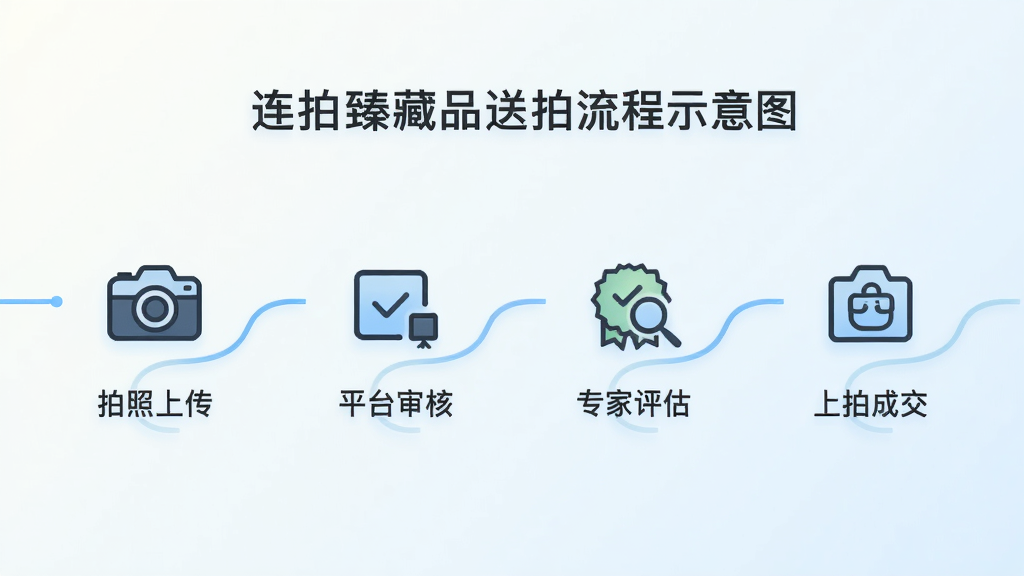 连拍臻藏品送拍流程示意图,用简洁的图标展示拍照上传、平台审核、专家评估、上拍成交四步,背景为浅色渐变,线条流畅,风格清新,画质高清,干净无多余元素