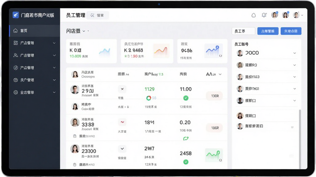 门庭若市商户版门店管理页面,主体为后台界面展示门店列表和员工账号,布局左侧菜单右侧内容,排版规整,风格商务简约,细节包含数据卡片,画质高清干净