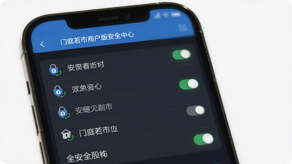 门庭若市商户版安全中心界面,主体为手机屏幕展示安全设置选项,布局列表形式,排版清晰,风格简约,细节包含加密图标和开关,画质高清干净