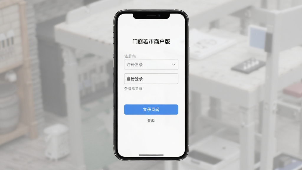 门庭若市商户版APP登录页面手机界面展示,主体为智能手机屏幕中显示注册登录表单,布局居中,风格简洁清晰,细节包括输入框和按钮,画质高清干净无多余元素
