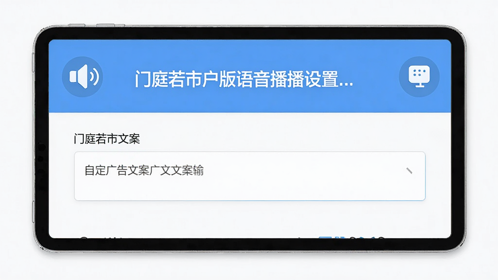 门庭若市商户版语音播报设置界面,主体为设置页面展示自定义广告文案输入框,布局上方标题下方内容,排版简洁,风格清新,细节包含喇叭图标,画质高清干净