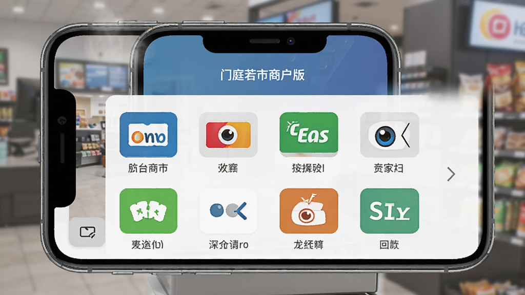 门庭若市商户版收款界面,主体为手机收银台展示多种支付方式图标,布局整齐,排版清晰,风格写实,细节彩色图标,画质高清干净