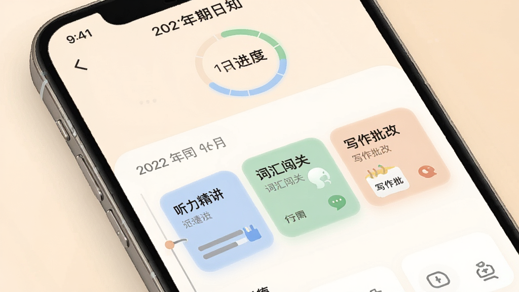 һ��������ѧApp��ÿ��ѧϰ�ƻ��Ľ������ͼ��������ʾ���ںͽ��Ȼ����·���ʱ�������������������������ʻ㴳�ء�д�����ĵ�����Ƭ����Ƭ��ɫ��ͣ�����UI�����ܰ�Ҿ��������ԣ��Ű����࣬���ʾ�ϸ