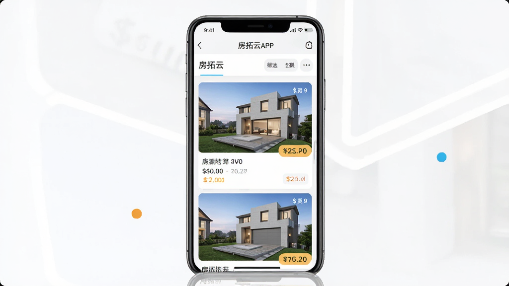 房拓云APP界面截图,展示房源列表和筛选功能,主体为手机屏幕,布局清晰,风格简洁现代,细节包括房源图片和价格标签,画质高清干净,无多余元素