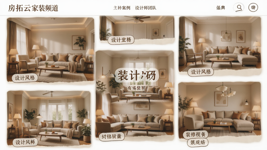 房拓云家装频道页面,展示装修案例和设计师团队,主体为案例图片拼贴,布局错落有致,风格温馨居家,细节包括设计风格标签,画质柔和自然,无多余元素