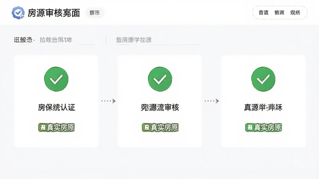 房拓云房源审核界面,展示认证标志和真实房源标签,主体为审核流程,布局规整,风格专业可信,细节包括绿色对勾图标,画质清晰明亮,无多余元素