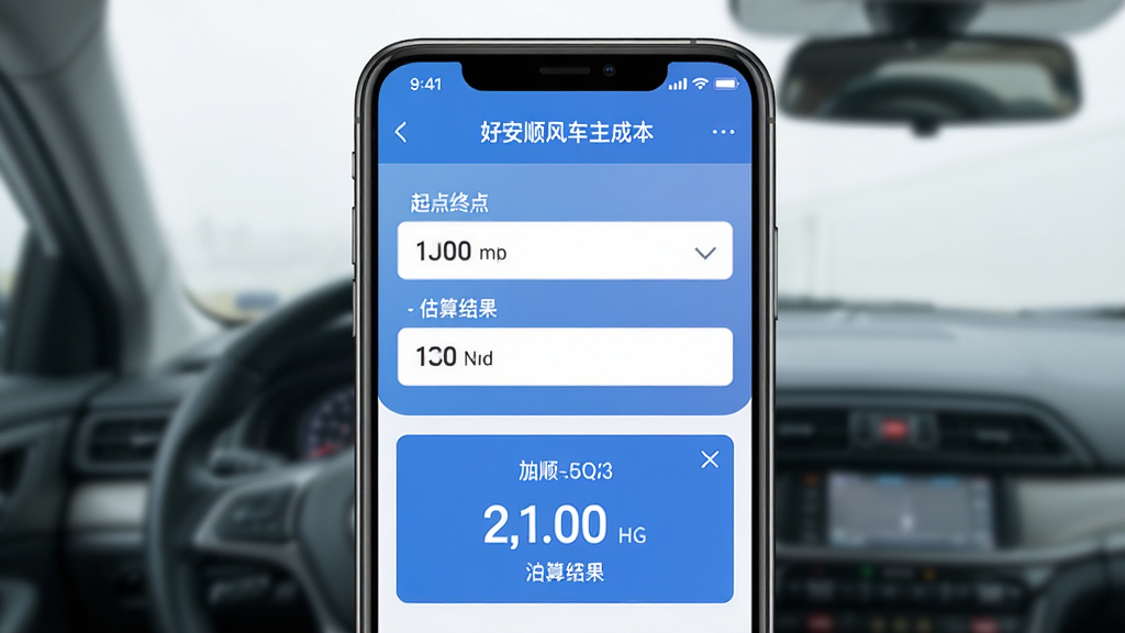 好安顺风车主成本计算界面,主体为一部手机展示油耗计算页面,包含起点终点输入框和估算结果,布局简洁,排版居中,风格清爽,细节显示数字和图标,画质清晰干净