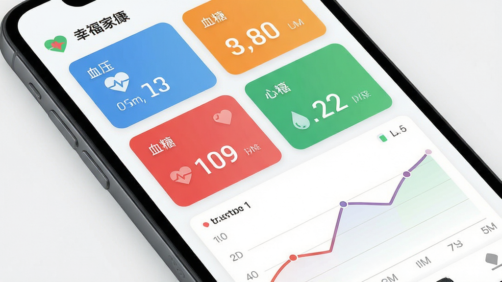 在手机屏幕上展示幸福一家亲应用的健康数据看板界面,主体为彩色数据卡片和趋势折线图,布局清晰,排版简洁,风格现代扁平化,细节包括血压、血糖、心率等数字标识,画质高清干净,无多余元素