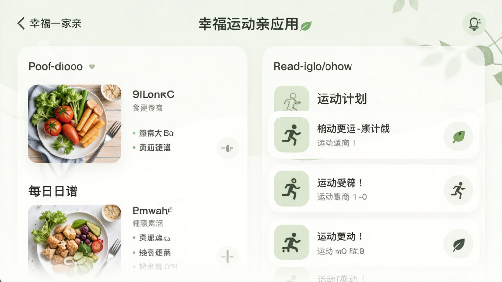 幸福一家亲应用中的个性化饮食运动方案界面,主体是每日食谱卡片和运动计划列表,布局采用上下结构,排版为卡片式,风格清新自然,细节包括食材图片和运动图标,画质清晰干净,无多余元素
