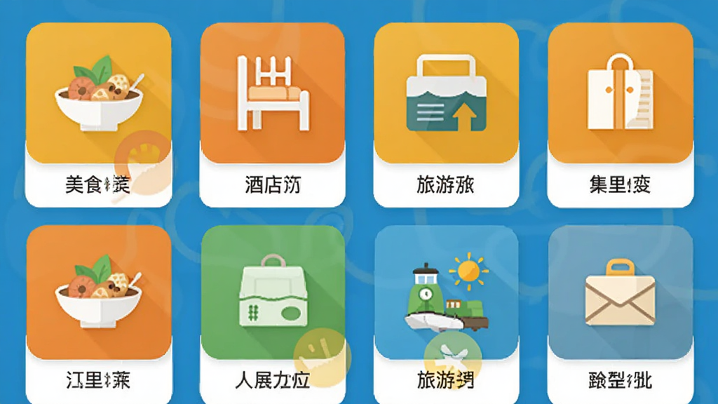 �������APP�����ͼ��չʾ��ʳ���Ƶꡢ���εȶ������ģ��ͼ�꣬��ƽ����ƣ���ɫ��Ϊ�Ȼ�ɫ���ɾ����࣬�߻���