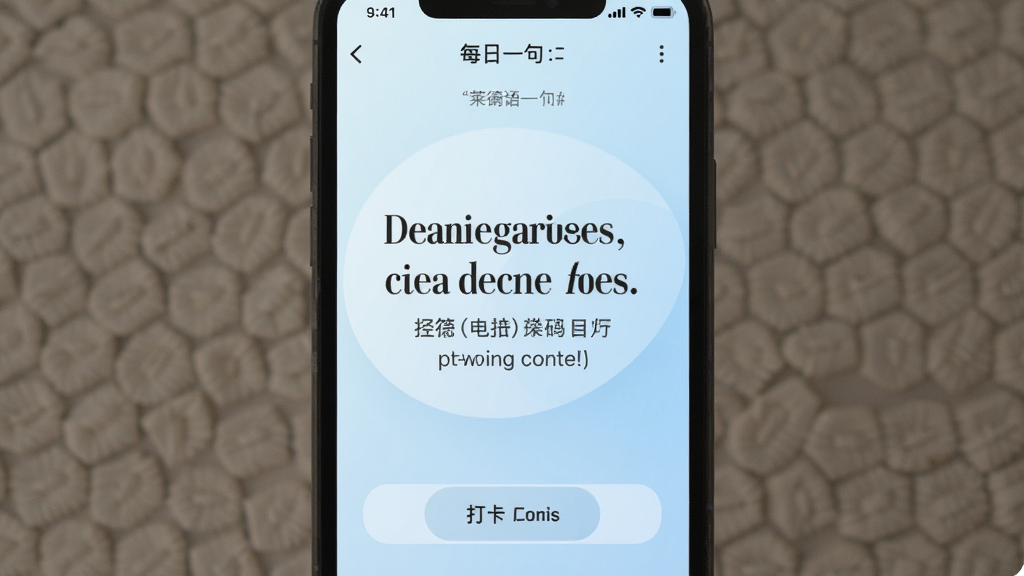 ͼƬչʾ���ص���ѧϰ�����ʡ�ÿ��һ�䡱���棬�ֻ���Ļ������ʾһ���������ķ��룬�·��д򿨰�ť������Ϊ����ǳ��ɫ���䣬������£������������ɾ��޶���Ԫ��