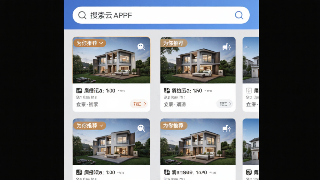 房拓云APP智能推荐页面,顶部搜索栏,下方房源卡片按推荐度排列,带有“为你推荐”标签,背景浅灰色,排版整齐,画质清晰,界面简洁无多余元素