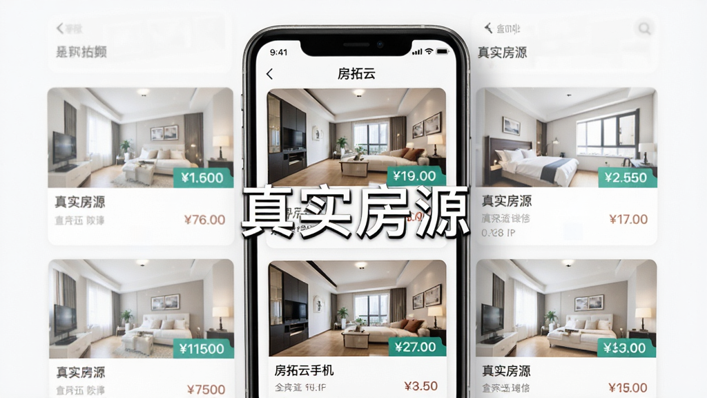 房拓云手机APP界面,展示真实房源列表,布局清晰,房源卡片带实拍图与价格标签,风格简约现代,UI干净明亮,高画质,无多余元素,屏幕中央显示“真实房源”四个字