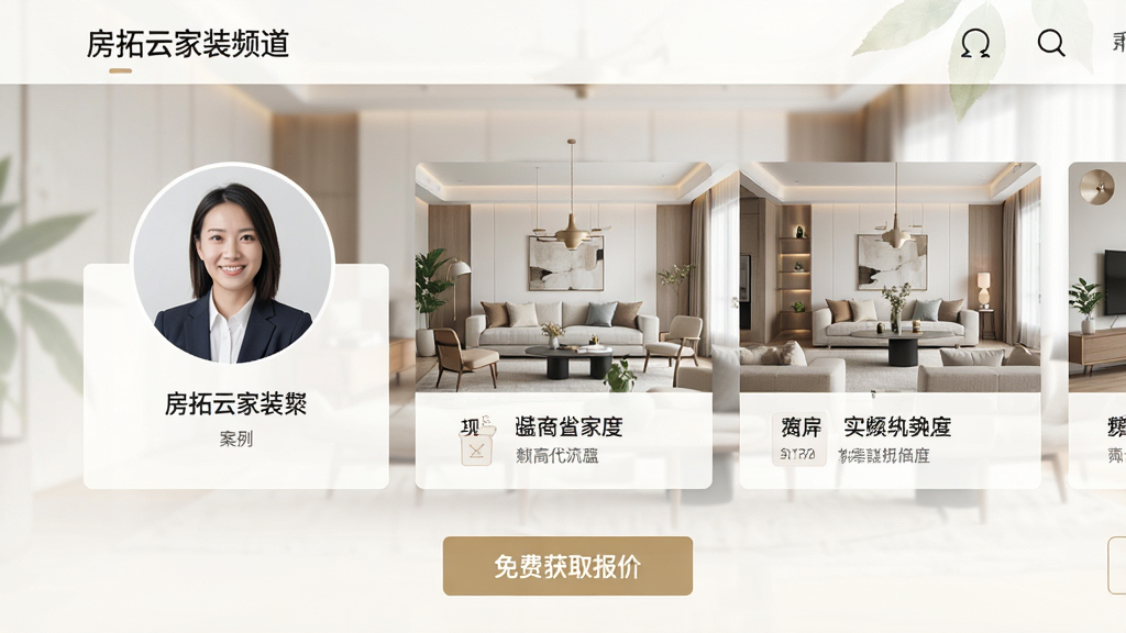 房拓云家装频道页面,展示现代风格客厅装修案例,设计师头像与案例卡片并列,底部“免费获取报价”按钮,界面柔和自然,画质通透,无多余元素
