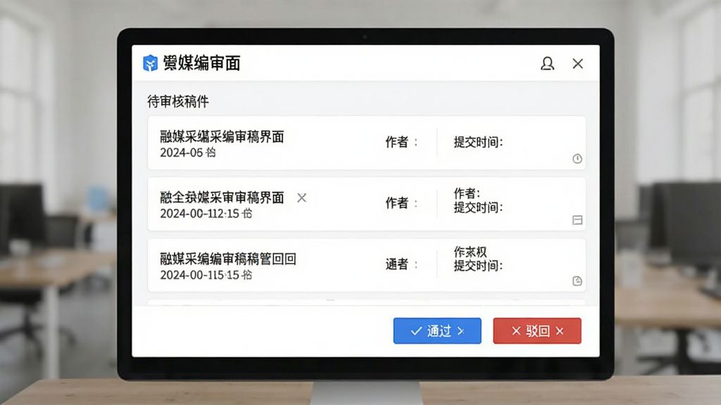 融媒采编审稿界面,显示待审核稿件列表,每条稿件包含标题、作者、提交时间,底部有“通过”“驳回”按钮,界面简洁,白色背景,蓝色按钮,干净无多余元素