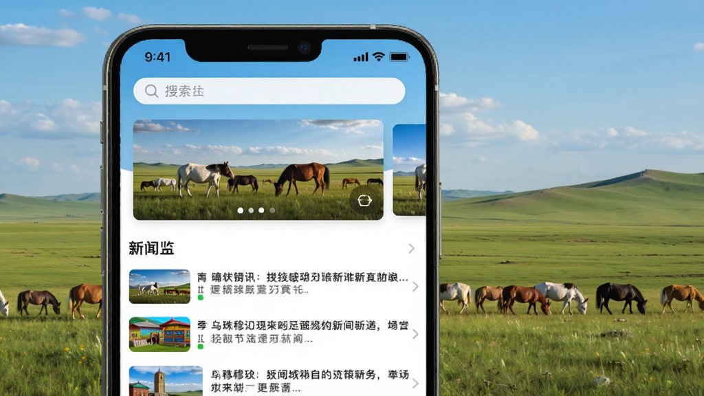 展示四季乌珠穆沁APP的首页界面,包含顶部搜索栏、轮播图区域、新闻资讯列表,背景为草原风光,主体为手机屏幕特写,布局清晰,排版简洁,风格为现代扁平化,细节丰富,画质高清,干净无多余元素