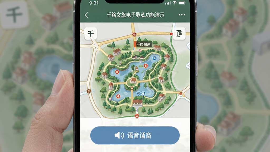 千络文旅电子导览功能演示图,手机屏幕显示景区地图与语音播报按钮,主体突出,布局居中,排版简洁,风格写实,细节丰富,画质清晰干净