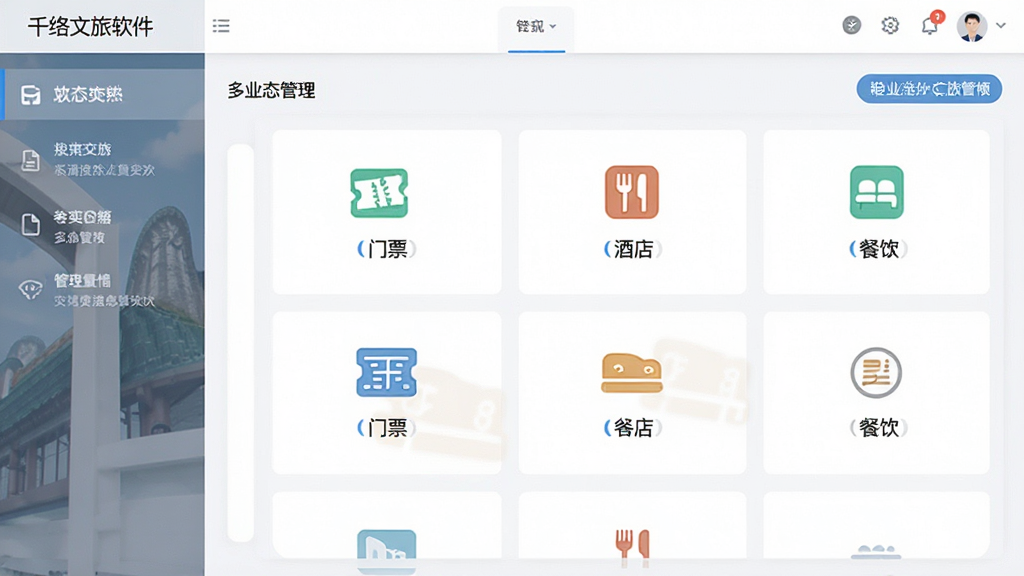 千络文旅软件界面截图,展示多业态管理菜单,布局清晰,排版整齐,风格简洁现代,细节包括门票、酒店、餐饮图标,画质高清,干净无多余元素