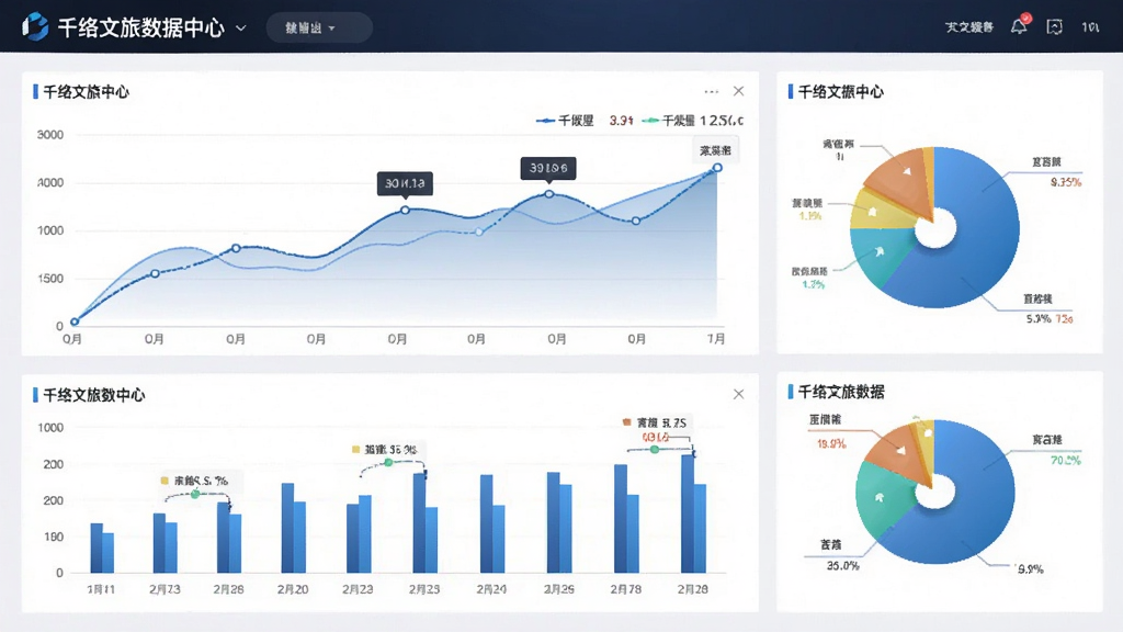 千络文旅数据中心界面,展示折线图、柱状图与饼图,布局合理,排版规整,风格商务科技感,细节有数据标签,画质高清,背景干净无多余元素