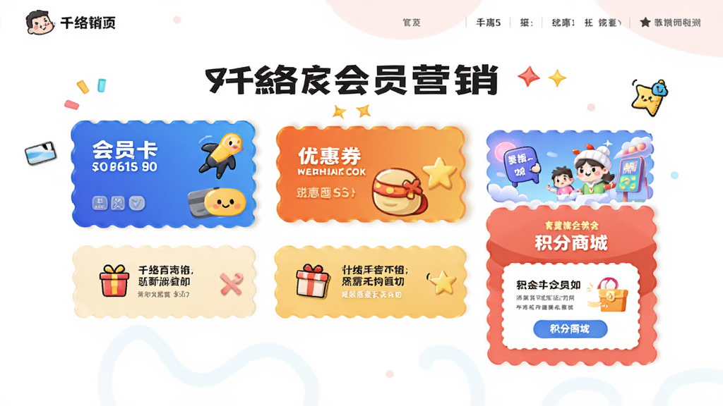 千络文旅会员营销页面设计图,包含会员卡、优惠券、积分商城元素,布局均衡,排版时尚,风格活泼明亮,细节有卡通图标,画质清晰,无多余杂物