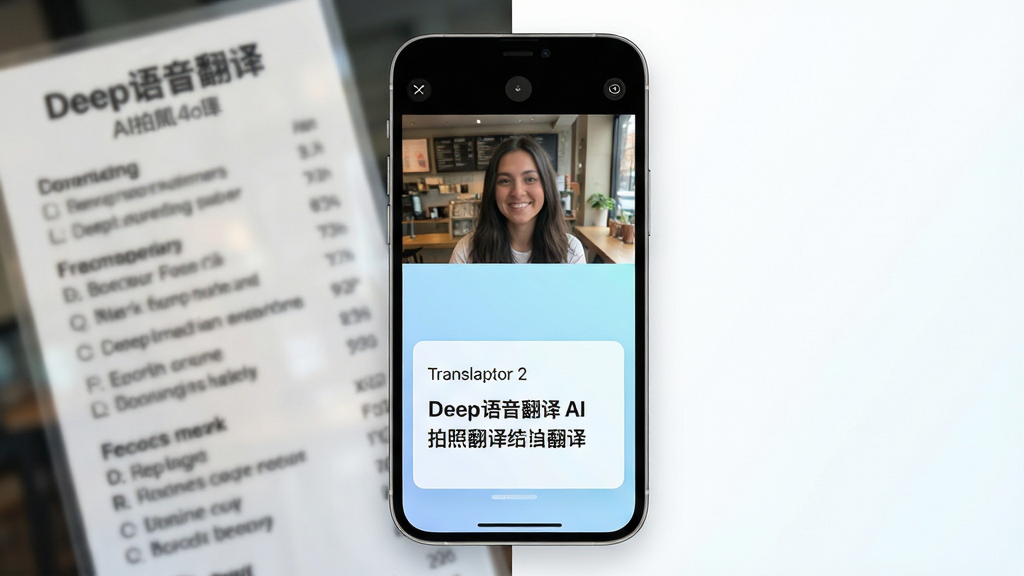 主体:手机屏幕显示Deep语音翻译AI拍照翻译界面,界面上方是摄像头取景框,下方是翻译结果卡片。布局:手机竖屏居中,左侧有半张模糊的外文菜单背景,右侧留白。排版:界面简洁,翻译结果文字清晰,采用黑色无衬线字体,背景为浅蓝色渐变。风格:现代科技感,色彩明快,细节丰富,画质高清,干净无多余元素。