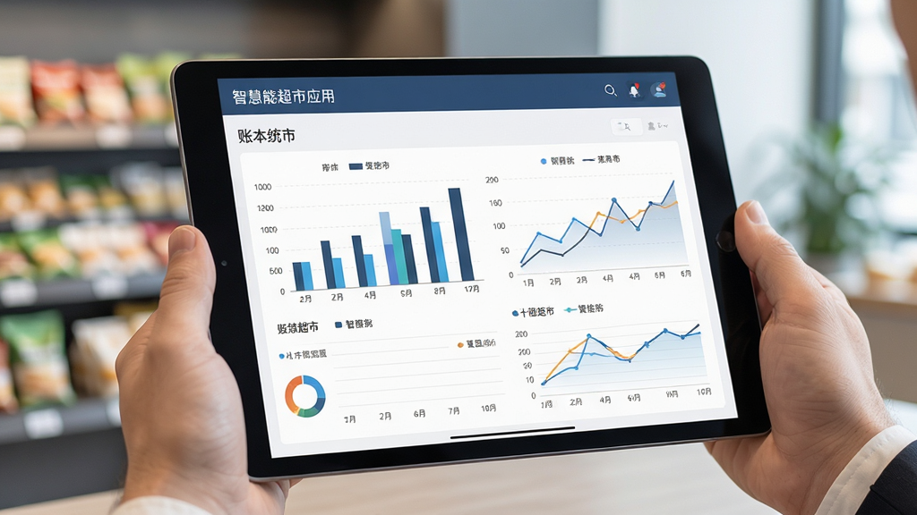 智慧超市应用界面,主体为平板电脑上展示账本统计图表,布局清晰,排版专业,风格简约商务,细节包含柱状图和折线图,画质高清,干净无多余元素