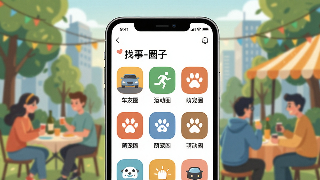 找事App圈子功能场景图,主体为一部手机,屏幕展示“找事-圈子”页面,内有“车友圈”“运动圈”“萌宠圈”等标签图标,背景为虚化的城市户外聚会场景,布局居中,排版活泼,插画风格,细节温馨,画质清晰,干净无多余元素