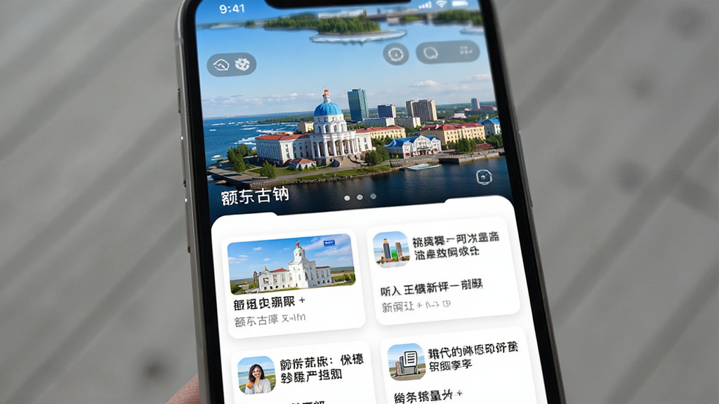 一张智能手机屏幕展示额尔古纳APP的新闻资讯列表,界面设计清爽,上方为城市风景头图,下方是排列整齐的新闻标题卡片,整体风格现代简洁,UI设计干净,画质高清,无多余元素