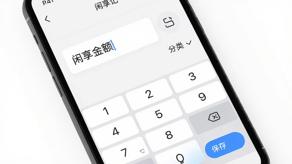 闲享记应用界面截图,展示极简的记账输入页面,主体是手机屏幕中央的金额输入框和分类选择图标,布局清晰,排版整洁,风格现代简约,细节包含数字键盘和保存按钮,画质高清,干净无多余元素