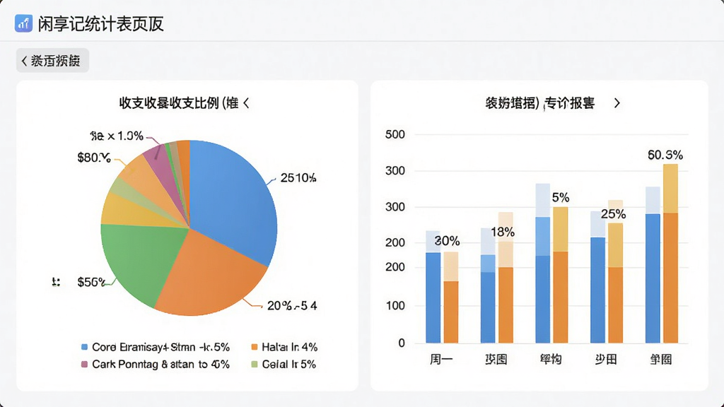 闲享记统计报表页面,展示饼状图和柱状图,主体是彩色图表演示收支比例,布局集中在屏幕上半部分,排版有序,风格商务清晰,细节有图例和百分比标签,画质高清,干净无多余元素