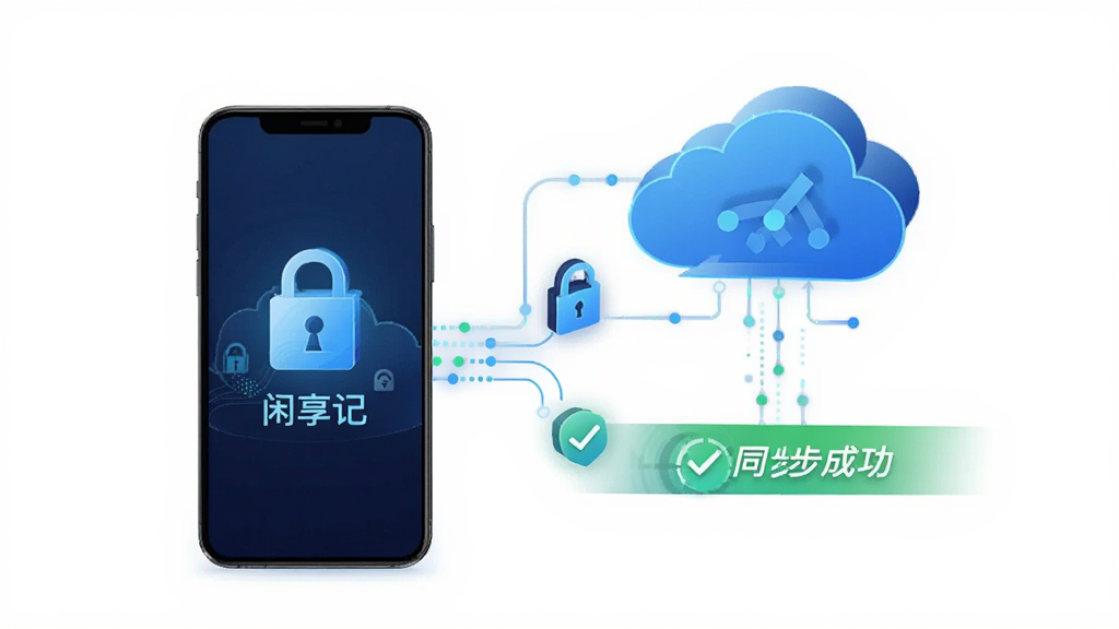 闲享记云同步示意图,主体是手机与云端服务器连接的信息图,布局居中,排版简洁,风格科技感,细节包含加密锁图标和同步成功提示,画质干净无多余元素