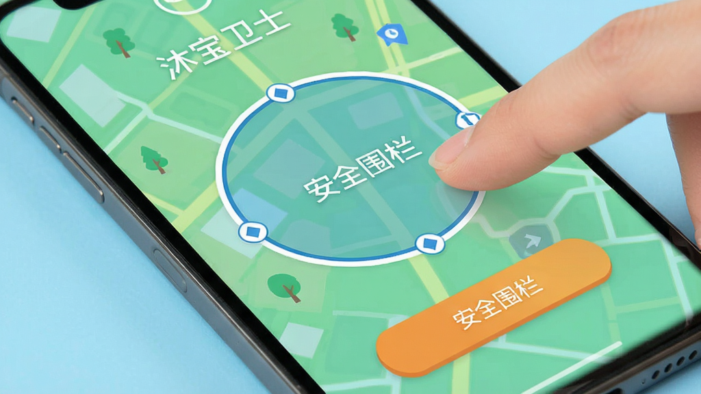 沐宝卫士App安全围栏设置界面,手机屏幕显示地图和圆形围栏区域,家长手指点击确认按钮,界面简洁清晰,带有“安全围栏”文字标识,扁平化设计风格,明亮色彩,高画质,干净无多余元素