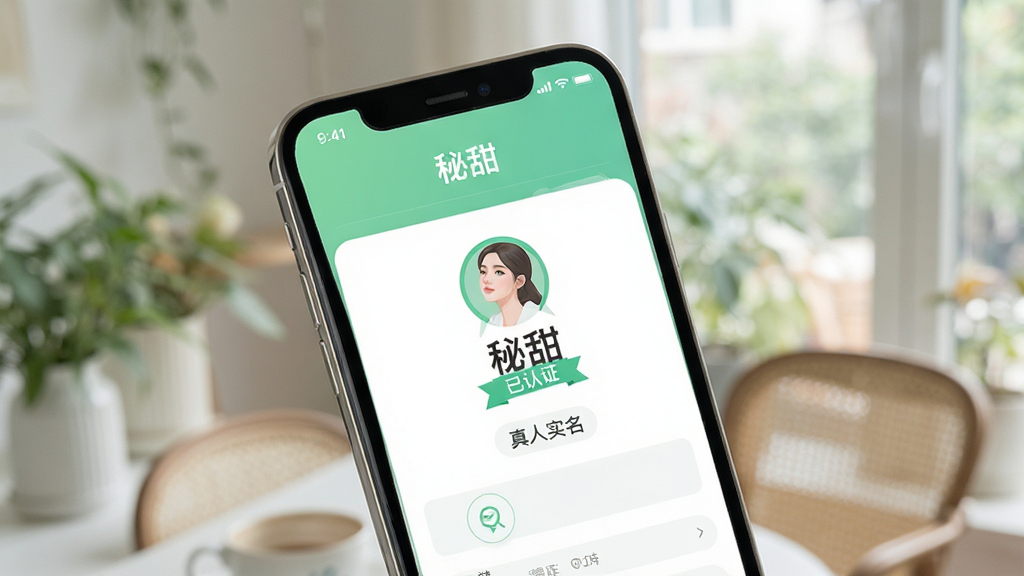 秘甜APP界面展示,主体为手机屏幕内显示用户认证资料页,背景模糊处理突出前景,布局居中,手机略微倾斜,排版简洁,风格清新自然,细节包括绿色“已认证”徽章,画质高清,干净,无多余元素,图片上文字“秘甜”和“真人实名”清晰可见