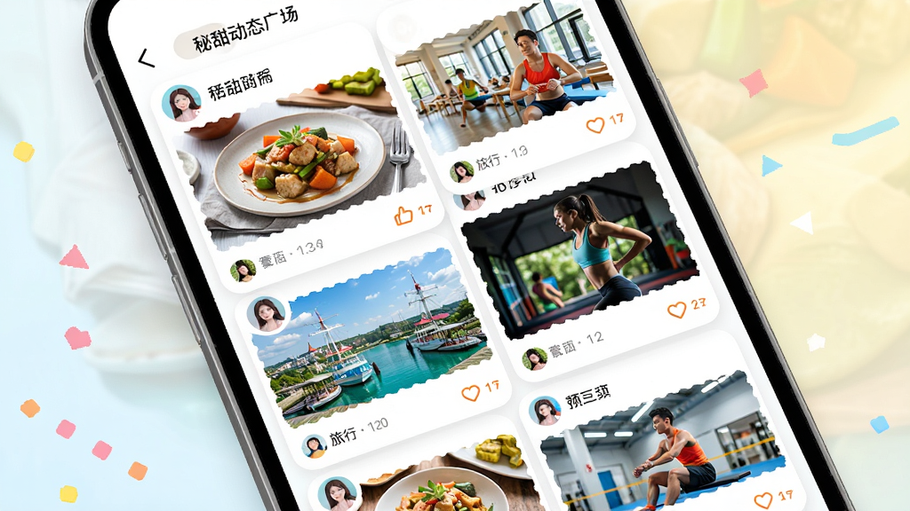 秘甜动态广场预览图,主体为手机界面展示多个动态卡片,包含美食、旅行、运动等图片,布局为瀑布流形式,排版错落有致,风格明亮活泼,细节有用户头像和点赞按钮,画质细腻,干净,无多余元素,图片上文字“秘甜动态广场”