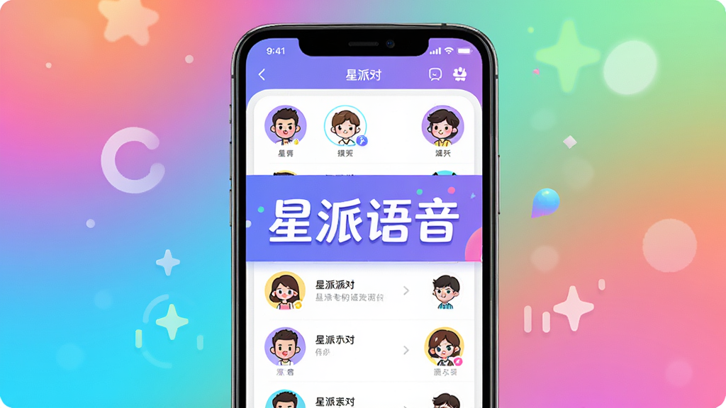 星派语音APP界面展示,主体为手机屏幕上的语音派对房间列表,背景为渐变色,多个卡通头像排列,中央有“星派语音”字样,布局清晰,排版美观,风格活泼明亮,细节丰富,画质高清干净,无多余元素