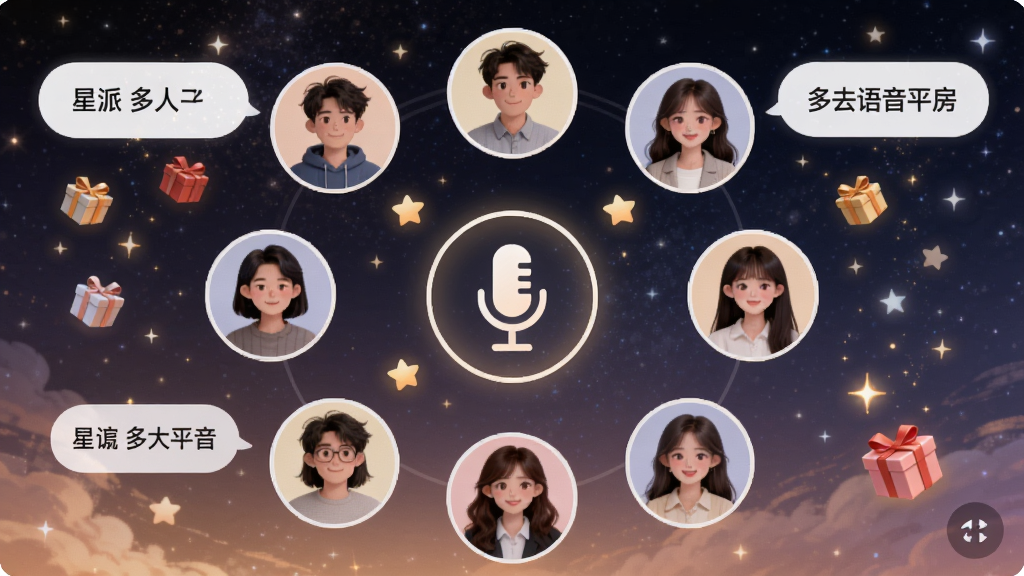 星派语音多人语音房截图,主体为房间内多个用户头像围成一圈,中间有麦克风图标,背景为温馨的星空,布局对称,排版整齐,风格梦幻,细节包括礼物特效和文字气泡,画质高清干净,无多余元素