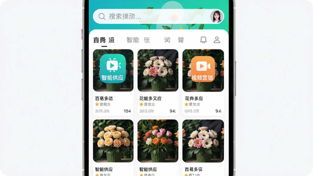百易多APP界面,展示花卉交易大厅,布局清晰,上方搜索栏,下方商品瀑布流,配有“智能供应”“视频营销”图标,风格现代简洁,UI设计干净,色彩明亮,画质高清,无多余元素